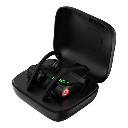 Wireless Ear-Mounted Sports Earphones With Charging Case shown in black with secure ear hooks and compact charging case