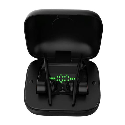 Wireless Ear-Mounted Sports Earphones With Charging Case in black with open charging case and LED battery indicator, secure ear-mounted fit