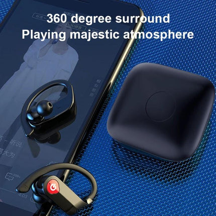 Wireless Ear-Mounted Sports Earphones With Charging Case shown with Bluetooth earbuds and compact charging case beside smartphone