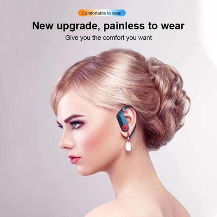 Wireless Ear-Mounted Sports Earphones With Charging Case shown on woman wearing comfortable ear-mounted Bluetooth earphone