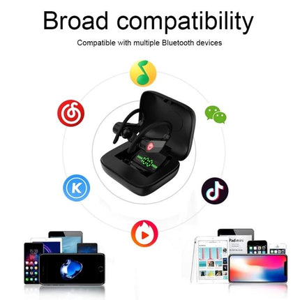 Wireless Ear-Mounted Sports Earphones With Charging Case shown open with ear-mounted buds, charging case display and device compatibility icons