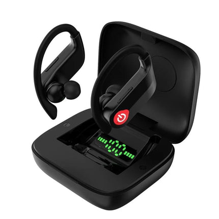 Wireless Ear-Mounted Sports Earphones With Charging Case shown black ear-hook earbuds with digital charging case display