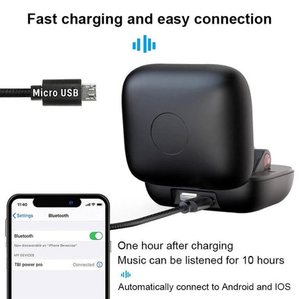 Wireless Ear-Mounted Sports Earphones With Charging Case shown with charging case, Micro USB cable and Bluetooth pairing on phone