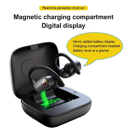 Wireless Ear-Mounted Sports Earphones With Charging Case showing magnetic charging case with digital battery display and earbuds