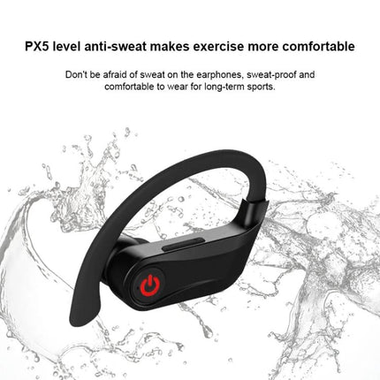 Wireless Ear-Mounted Sports Earphones With Charging Case shown black sweatproof ear-hook bluetooth earbud with charging case