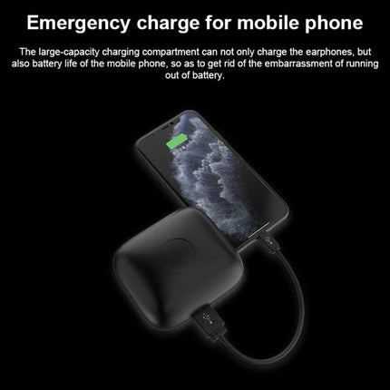 Wireless Ear-Mounted Sports Earphones With Charging Case shown powering a smartphone via charging case, compact emergency power