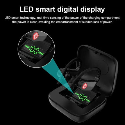 Wireless Ear-Mounted Sports Earphones With Charging Case showing LED digital display and earbuds