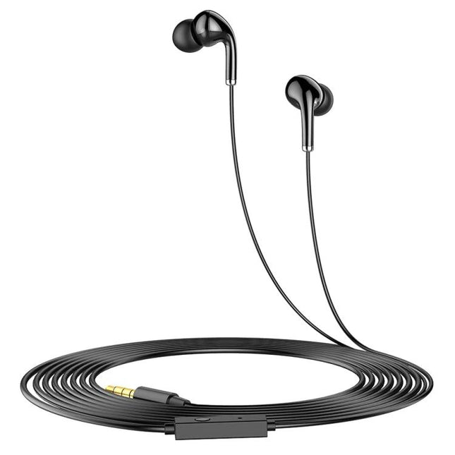 Alt Tag: Awei Wired In Ear Headset With Microphone For Commuting And Calls black wired 3.5mm in-ear earbuds with inline mic