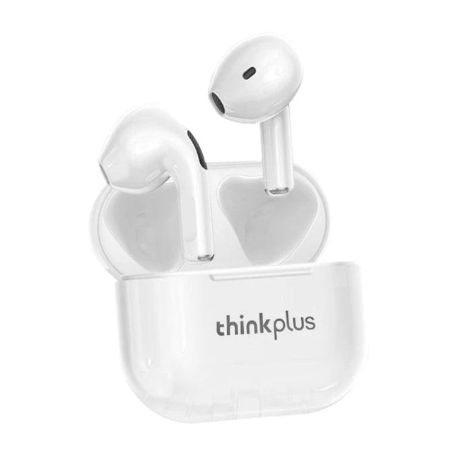 Lenovo LivePods True Wireless Earbuds With Compact Case in white, open charging case showing earbuds and touch controls