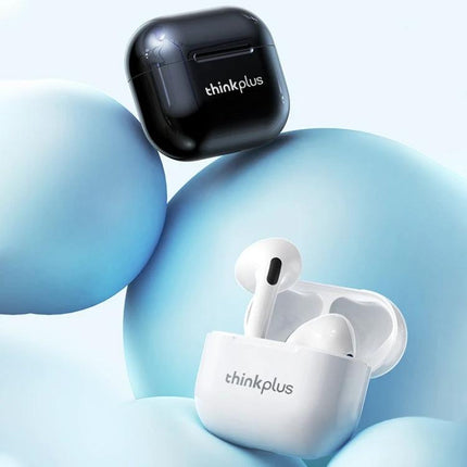 Lenovo LivePods True Wireless Earbuds With Compact Case shown in black and white charging cases with earbuds