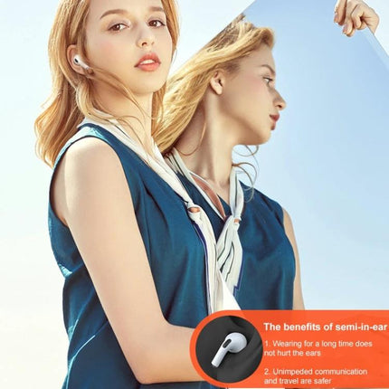 Lenovo LivePods True Wireless Earbuds With Compact Case shown worn by woman, semi-in-ear design, compact charging case