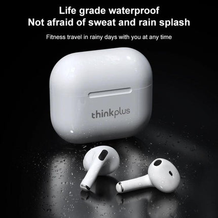 Lenovo LivePods True Wireless Earbuds With Compact Case shown with waterproof white compact charging case and earbuds