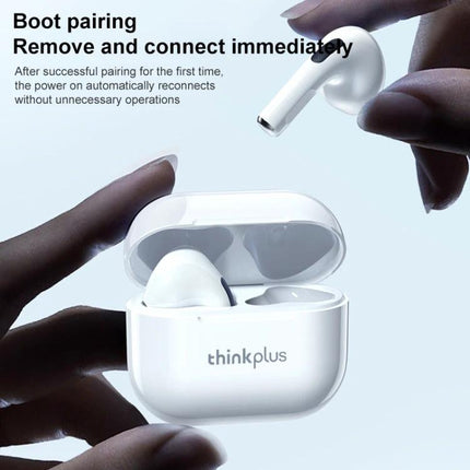 Lenovo LivePods True Wireless Earbuds With Compact Case shown with open white charging case and one earbud being removed