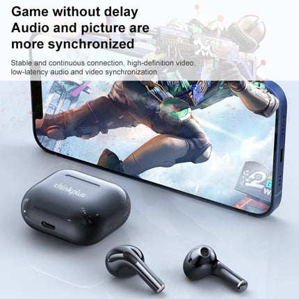 Lenovo LivePods True Wireless Earbuds With Compact Case shown with smartphone gaming scene and compact charging case