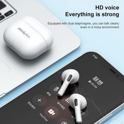 Lenovo LivePods True Wireless Earbuds With Compact Case shown with charging case and smartphone during hands-free call