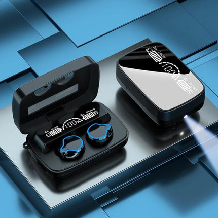 True Wireless Earbuds With Charging Case And Battery Display Black showing M9 earbuds, digital battery display and flashlight