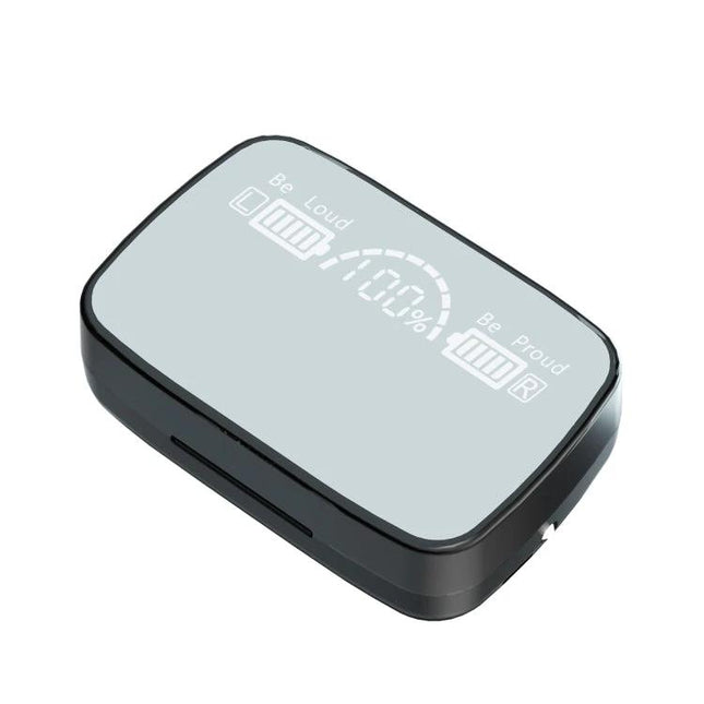 True Wireless Earbuds With Charging Case And Battery Display Black digital display charging case showing 100% battery and flashlight