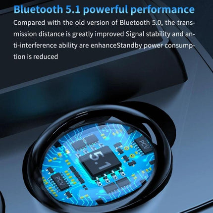 True Wireless Earbuds With Charging Case And Battery Display Black showing Bluetooth 5.1 chipset and digital battery screen
