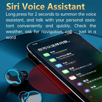 True Wireless Earbuds With Charging Case And Battery Display Black earphones next to smartphone showing Siri voice assistant and touch controls