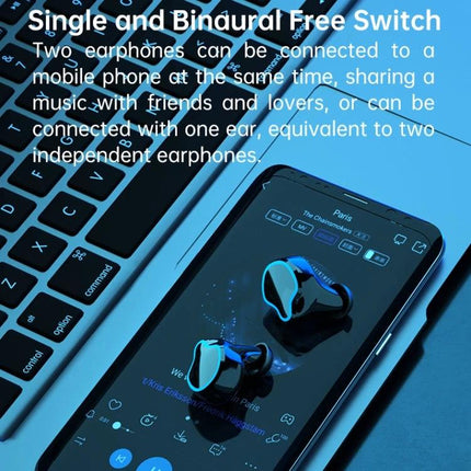 Alt Tag: M9 Bluetooth 5.1 TWS Mirror Digital Display Wireless Bluetooth Earphone with Charging Box Flashlight , Support Touch & Siri & Battery Display, M9 (Black) on smartphone beside laptop showing earbuds