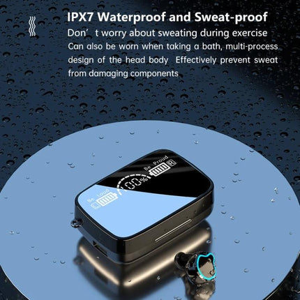 True Wireless Earbuds With Charging Case And Battery Display Black showing IPX7 waterproof case with digital battery display and earbuds