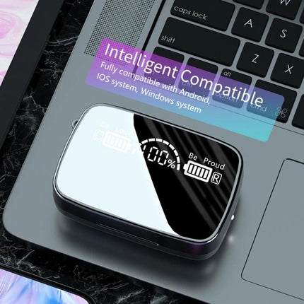 True Wireless Earbuds With Charging Case And Battery Display Black digital battery display glossy charging case on laptop