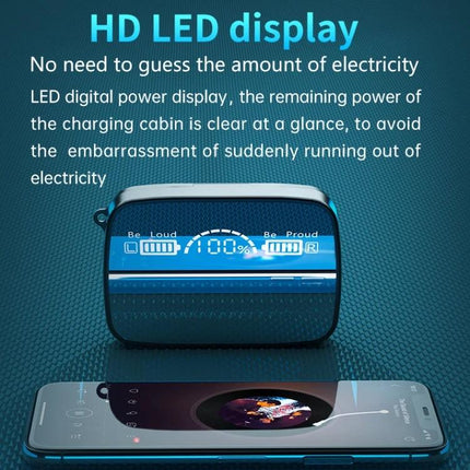 True Wireless Earbuds With Charging Case And Battery Display Black showing LED battery percent, charging case and smartphone connection