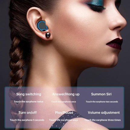 True Wireless Earbuds With Charging Case And Battery Display Black sleek profile shot showing Bluetooth earbuds in ear and battery display case