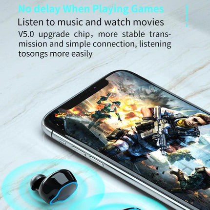 True Wireless Earbuds With Charging Case And Battery Display Black showing black M9 earbuds near smartphone gaming screen