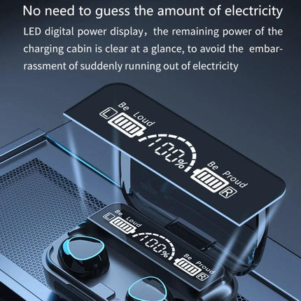Wireless Earbuds With Charging Case For Commuting And Calls showing digital LED battery display for left right and case