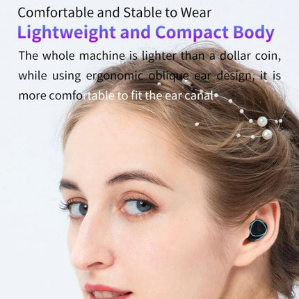 Wireless Earbuds With Charging Case For Commuting And Calls slim M10 in-ear Bluetooth 5.1 earbuds shown worn by woman