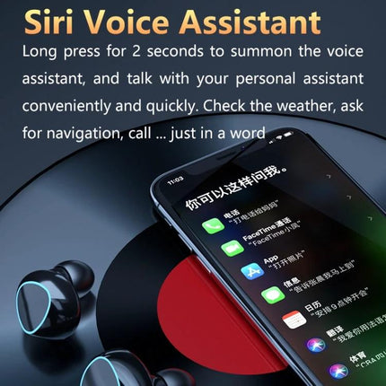 Wireless Earbuds With Charging Case For Commuting And Calls showing M10 earbuds, charging case with digital battery display and phone Siri