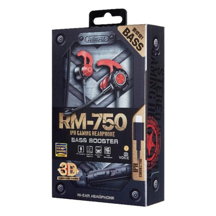 REMAX Wired Gaming Earphones With 8 Pin Connector For Mobile Use red RM-750 in-box showing earbuds, mic, and 8PIN plug