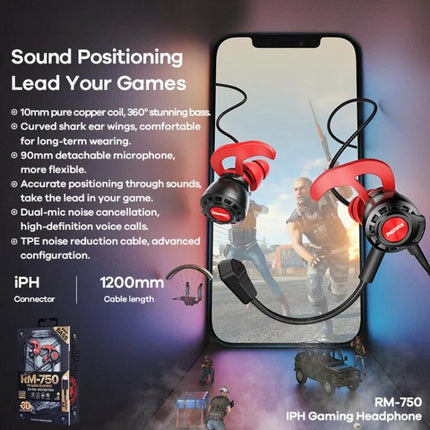 REMAX Wired Gaming Earphones With 8 Pin Connector For Mobile Use showcasing red earbuds, 8PIN plug, mic, mobile gaming