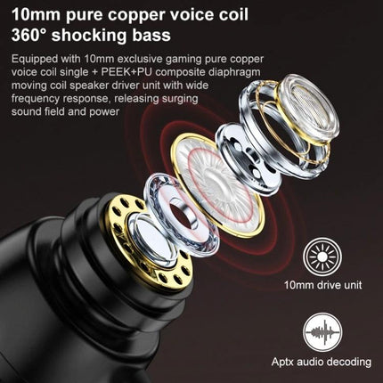 REMAX Wired Gaming Earphones With 8 Pin Connector For Mobile Use showing exploded 10mm driver components and aptX decoding