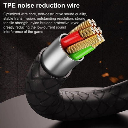 REMAX Wired Gaming Earphones With 8 Pin Connector For Mobile Use showing braided TPE noise reduction cable and internal wire cross-section