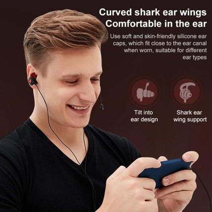 REMAX Wired Gaming Earphones With 8 Pin Connector For Mobile Use showing young man gaming with in-ear shark wing earphones