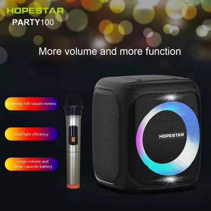 HOPESTAR Compact Portable Bluetooth Speaker For Outdoor Travel showing cube speaker with colorful LED ring and microphone