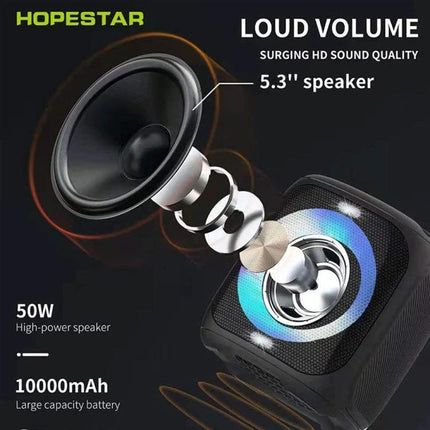 HOPESTAR Compact Portable Bluetooth Speaker For Outdoor Travel showing 5.3" driver, 50W output, splash resistant design