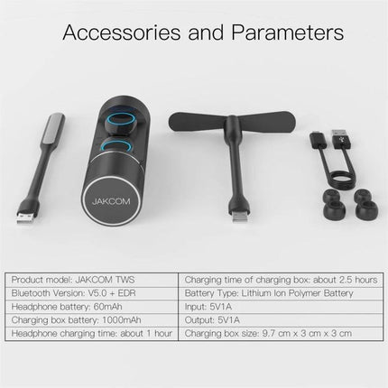 JAKCOM TWS Bluetooth 5.0 Multi-function Waterproof Wireless Bluetooth Headset with charging case accessories and earbuds
