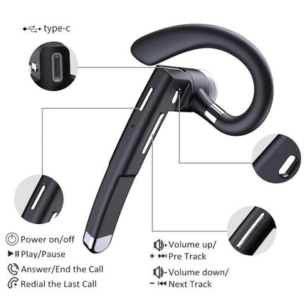 Single Rotating Earhook Bluetooth Earbud For Commuting And Calls showing black rotatable earhook, controls, Type-C port, charging case features