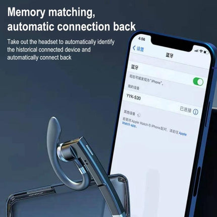 Single Rotating Earhook Bluetooth Earbud For Commuting And Calls shown with charging case and phone pairing screen