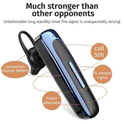 Single Ear Bluetooth Headset With Ear Hook For Commuting sleek blue ear‑hook headset showing call 50h 15m signal
