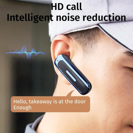 Single Ear Bluetooth Headset With Ear Hook For Commuting worn by commuter demonstrating HD calls and intelligent noise reduction