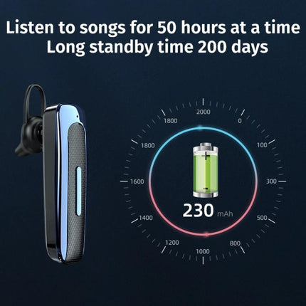Single Ear Bluetooth Headset With Ear Hook For Commuting showing 50h playtime and 230mAh battery life