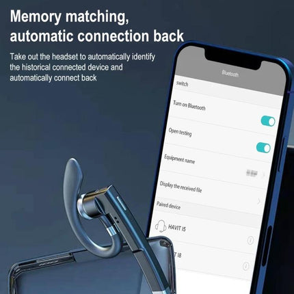 Rotating Earhook Bluetooth Earphone For Hands Free Calls shown with phone pairing screen and secure adjustable earhook