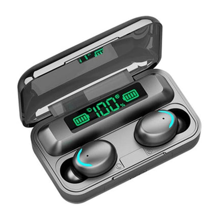 Wireless Bluetooth Earbuds With LED Battery Display showing charging case with digital 100% LED screen and earbuds