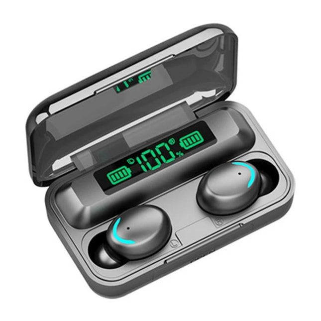 Wireless Bluetooth Earbuds With LED Battery Display showing charging case with digital 100% LED screen and earbuds