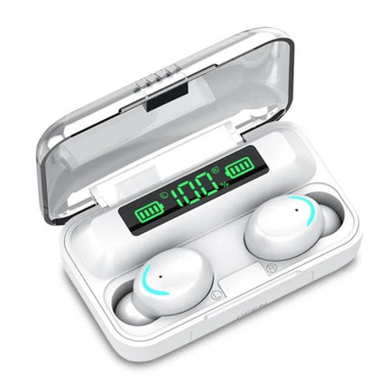 Wireless Bluetooth Earbuds With LED Battery Display showing charging case with LED numeric battery indicator and white earbuds