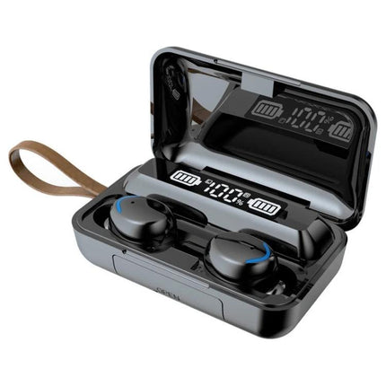 Bluetooth Earbuds With LED Battery Case For Commuting And Workouts open charging case showing LED battery display and hand strap
